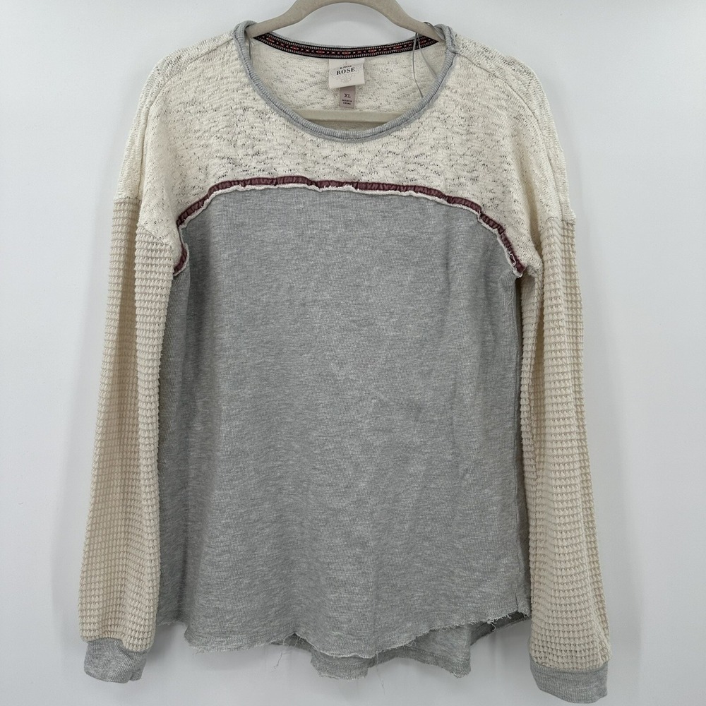 Knox Rose Gray Long Sleeve Crochet Lace Trim Yoke Contrast Sweater Size XL